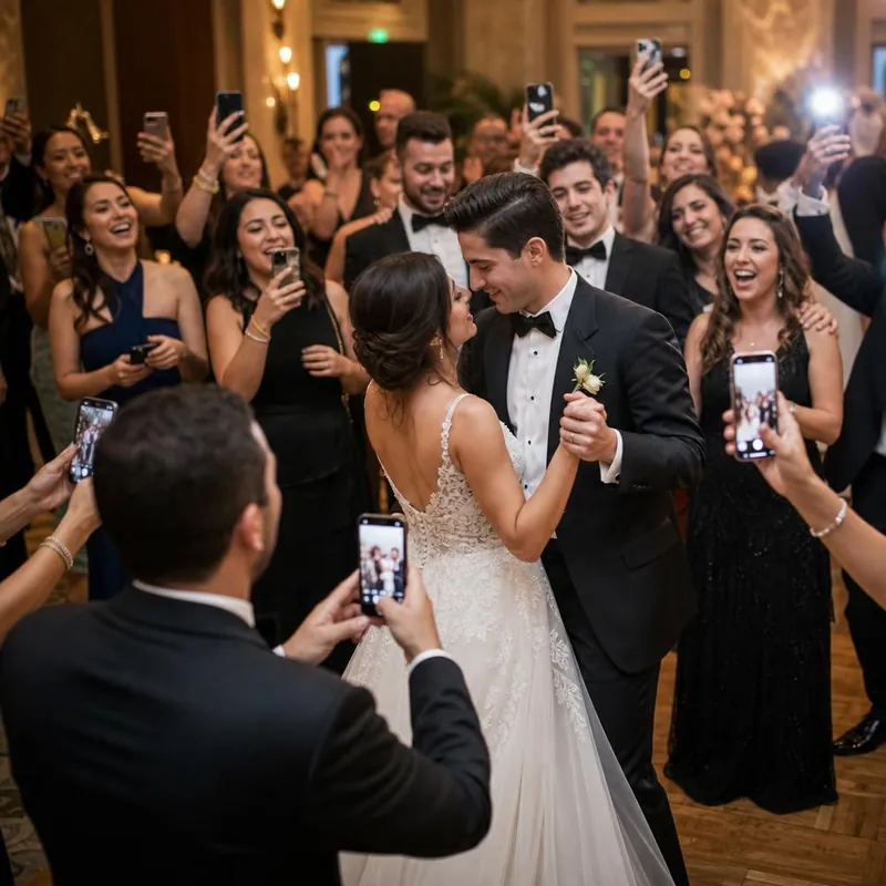 A couple surrounded by guests capturing their wedding celebration